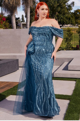 Plus Size Chic Blue Glitter Sequin Tulle Off Shoulder Gown-Plus Size Dream Girl