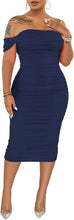 Load image into Gallery viewer, Plus Size Draped Turquoise Blue Off Shoulder Ruched Midi Dress-Plus Size Dream Girl
