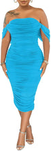 Load image into Gallery viewer, Plus Size Draped Turquoise Blue Off Shoulder Ruched Midi Dress-Plus Size Dream Girl
