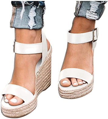 Cute White Ankle Strap Espadrille Wedge Sandals-Plus Size Dream Girl