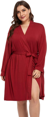 Modal Knit Wine Red Plus Size Soft Belted Robe-Plus Size Dream Girl