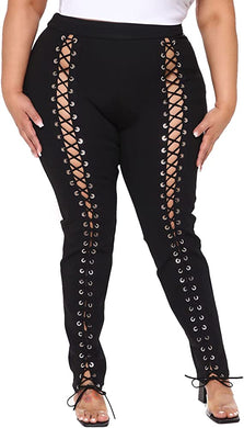 Plus Size Black Lace Up Corset Style Pants-Plus Size Dream Girl