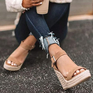 Cute Beige Ankle Strap Espadrille Wedge Sandals-Plus Size Dream Girl