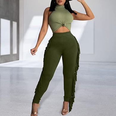 Plus Size Fringe Chic Olive Green Knit Style Pants-Plus Size Dream Girl