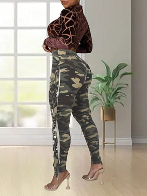 Plus Size Fringe Chic Green Camouflage Knit Style Pants-Plus Size Dream Girl