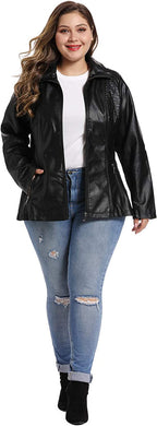 Black Leather Plus Size Quilted Moto Biker Jacket-Plus Size Dream Girl