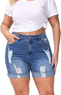Summer Frayed Blue Distressed Denim Jeans Short-Plus Size Dream Girl
