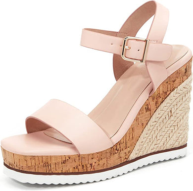Braided Wood Pink Open Toe Ankle Strap Espadrille Wedge Sandals-Plus Size Dream Girl