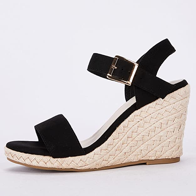 Cassidy Black Open Toe Ankle Strap Espadrille Wedge Sandals-Plus Size Dream Girl