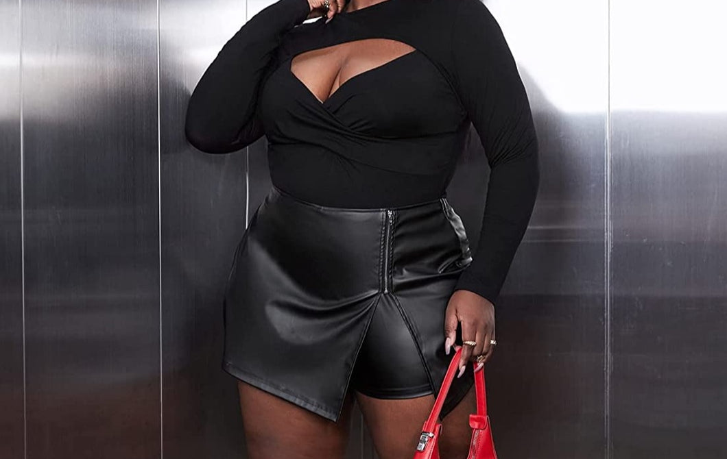 Front Split Black Plus Size Faux Leather Skirt-Plus Size Dream Girl