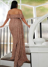 Load image into Gallery viewer, Plus Size Gold Sequin Off Shoulder High Slit Evening Gown-Plus Size Dream Girl
