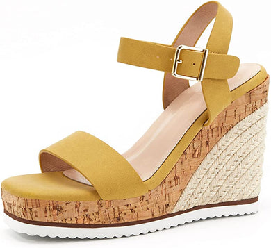 Braided Wood Yellow Open Toe Ankle Strap Espadrille Wedge Sandals-Plus Size Dream Girl