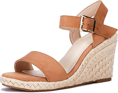Cassidy Brown Open Toe Ankle Strap Espadrille Wedge Sandals-Plus Size Dream Girl