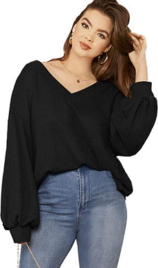 Plus Size Black V Neck Knit Long Sleeve Sweater Top-Plus Size Dream Girl