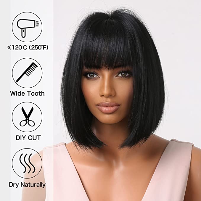 Straight Black Heat Resistant Synthetic Wig w/ Bangs-Plus Size Dream Girl