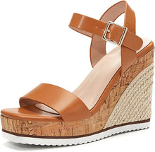 Load image into Gallery viewer, Braided Wood Brown Open Toe Ankle Strap Espadrille Wedge Sandals-Plus Size Dream Girl
