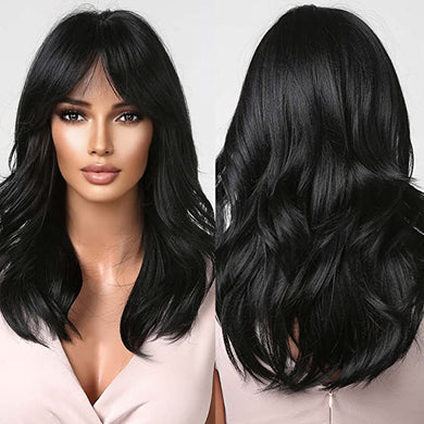 Wavy Chic Black Heat Resistant Synthetic Wig w/ Bangs-Plus Size Dream Girl