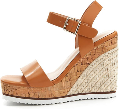 Braided Wood Brown Open Toe Ankle Strap Espadrille Wedge Sandals-Plus Size Dream Girl