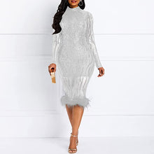 Load image into Gallery viewer, Plus Size Sequined White Feather Midi Long Sleeve Dress

