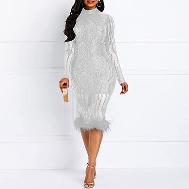 Plus Size Sequined White Feather Midi Long Sleeve Dress-Plus Size Dream Girl