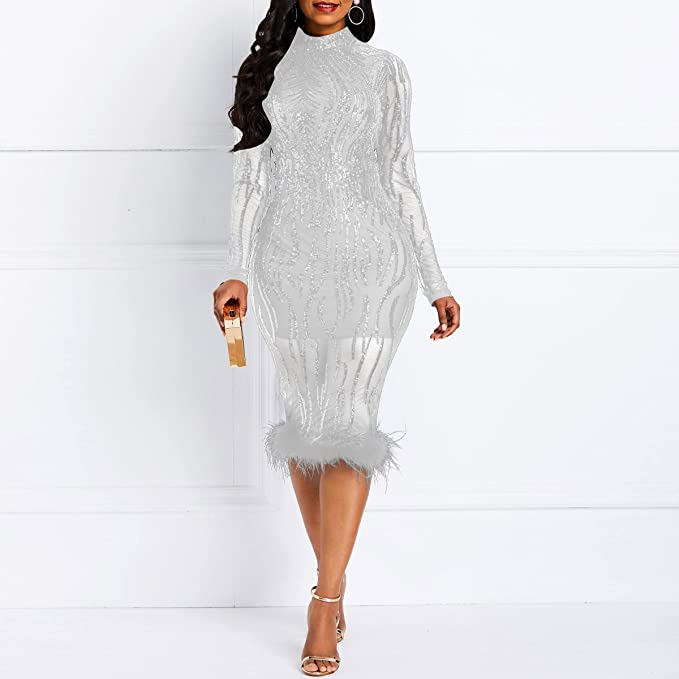 Plus Size Sequined White Feather Midi Long Sleeve Dress