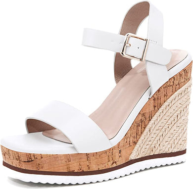 Braided Wood White Open Toe Ankle Strap Espadrille Wedge Sandals-Plus Size Dream Girl