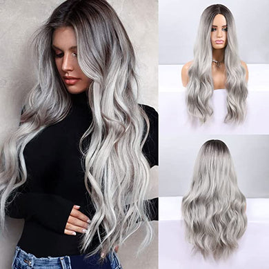Donatella Grey Wavy Long Synthetic Middle Part Hair Wig-Plus Size Dream Girl