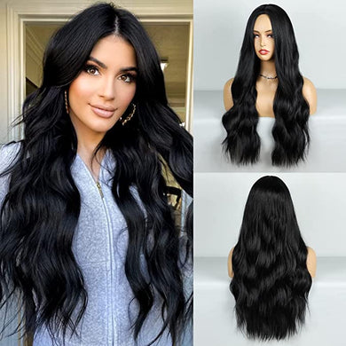 Donatella Black Long Synthetic Middle Part Hair Wig-Plus Size Dream Girl
