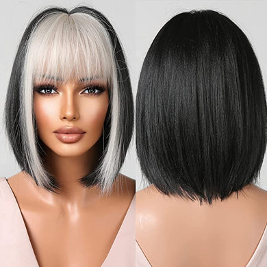 Straight Black w.White Highlight Heat Resistant Synthetic Wig w/ Bangs-Plus Size Dream Girl