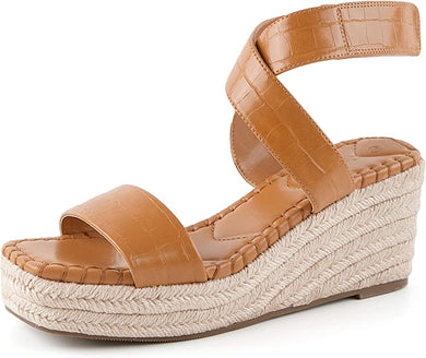 Jessica Brown Criss Cross Open Toe Ankle Strap Espadrille Wedge Sandals-Plus Size Dream Girl