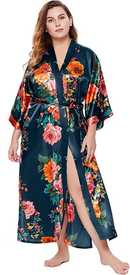 Floral Dark Green Satin Kimono Plus Size Robe-Plus Size Dream Girl
