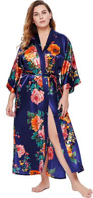 Floral Navy Blue Satin Kimono Plus Size Robe-Plus Size Dream Girl