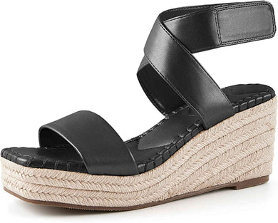 Jessica Black Criss Cross Open Toe Ankle Strap Espadrille Wedge Sandals-Plus Size Dream Girl
