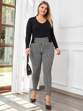 Plus Size Black Plaid Color Block Spandex Pants-Plus Size Dream Girl