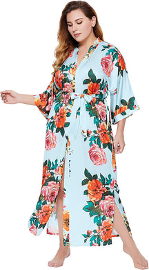 Floral Lake Blue Satin Kimono Plus Size Cover Up-Plus Size Dream Girl