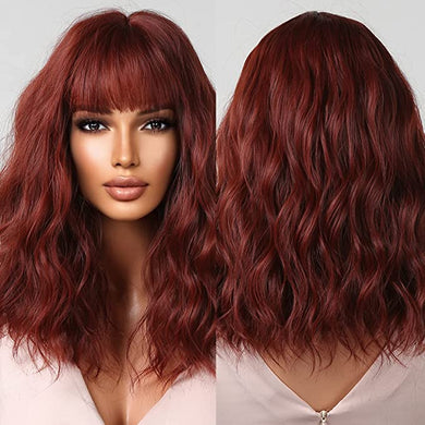 Burgundy Chic Wavy Heat Resistant Synthetic Wig w/ Bangs-Plus Size Dream Girl