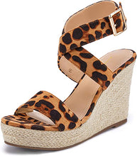Load image into Gallery viewer, Jessica Leopard Criss Cross Open Toe Ankle Strap Espadrille Wedge Sandals-Plus Size Dream Girl
