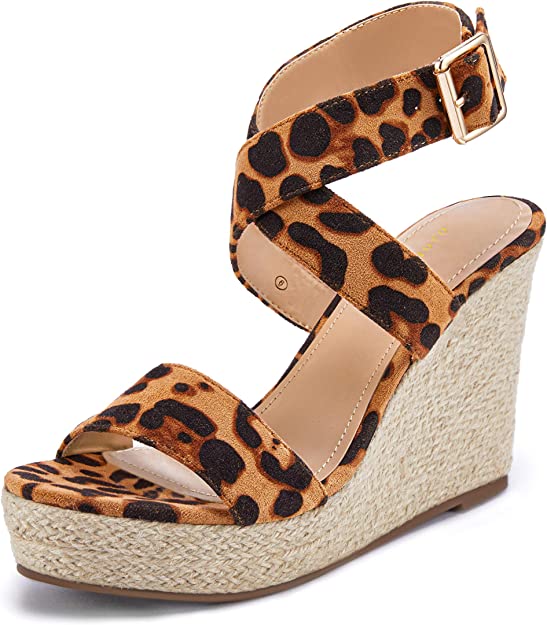 Jessica Leopard Criss Cross Open Toe Ankle Strap Espadrille Wedge Sandals-Plus Size Dream Girl