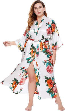 Floral White Satin Kimono Plus Size Kimono Robe-Plus Size Dream Girl