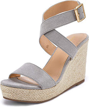 Load image into Gallery viewer, Jessica Grey Criss Cross Open Toe Ankle Strap Espadrille Wedge Sandals-Plus Size Dream Girl
