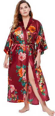 Floral Wine Red Satin Kimono Plus Size Robe-Plus Size Dream Girl