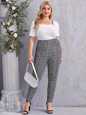 Plus Size Grey/Black Plaid High Waist Spandex Pants-Plus Size Dream Girl