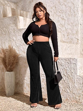 Plus Size Black Ribbed Knit Velour Flare Pants-Plus Size Dream Girl