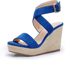 Load image into Gallery viewer, Jessica Blue Criss Cross Open Toe Ankle Strap Espadrille Wedge Sandals-Plus Size Dream Girl
