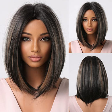 Beautiful Mixed Brown Wavy Straight Middle Part Heat Resistant Short Wavy Bob Wig-Plus Size Dream Girl