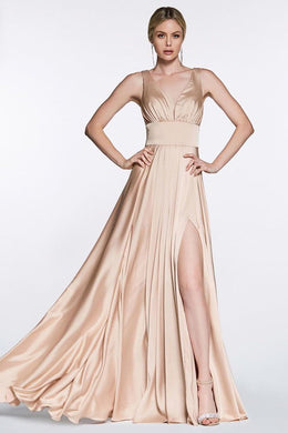 High Society Champagne Soft Satin High Split Maxi Gown-Plus Size Dream Girl