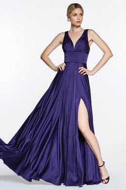 High Society Navy Blue Soft Satin High Split Maxi Gown-Plus Size Dream Girl