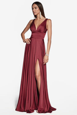 High Society Red Wine Soft Satin High Split Maxi Gown-Plus Size Dream Girl
