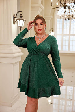 Ruffle Hem Dark Green Glitter Sequin Long Sleeve Plus Size Mini Dress-Plus Size Dream Girl