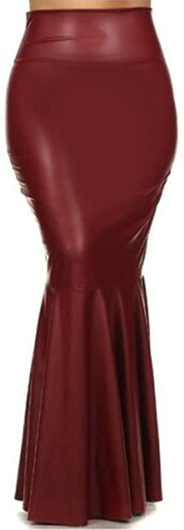 Plus Size Wine Red Leather High Waist Maxi Mermaid Skirt-Plus Size Dream Girl